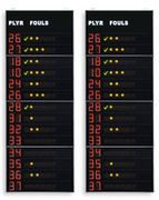Anzeigetafeln, auf denen die Trikotnr. des Spielers und die Fouls/Strafzeiten der 14 Spieler der 2 Mannschaften angezeigt werden