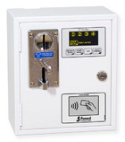 Coin, token and prepaid card operated Acceptors/Timers for 4 services. Version with electronic coin acceptor and RFID prepaid card contactless readers.
